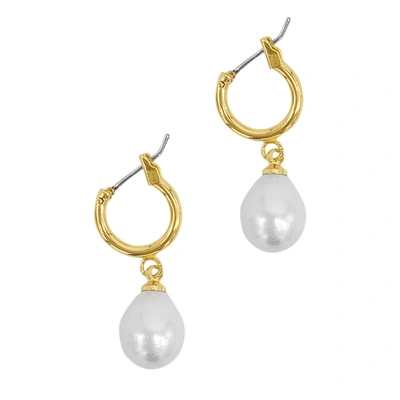 Shop Adornia Pearl Huggie Drop Earrings Gold In Silver