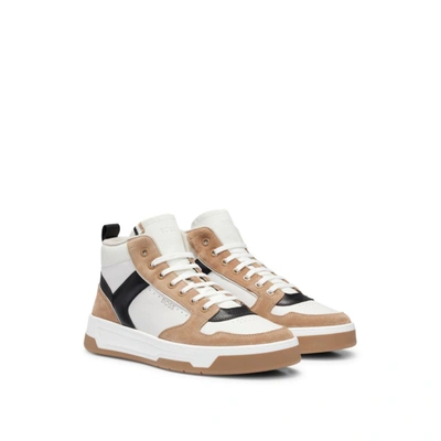 Shop Hugo Boss High-top Trainers In Leather With Logo Details In Brown