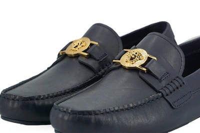 Shop Versace Navy Blue Calf Leather Loafers Men's Shoes