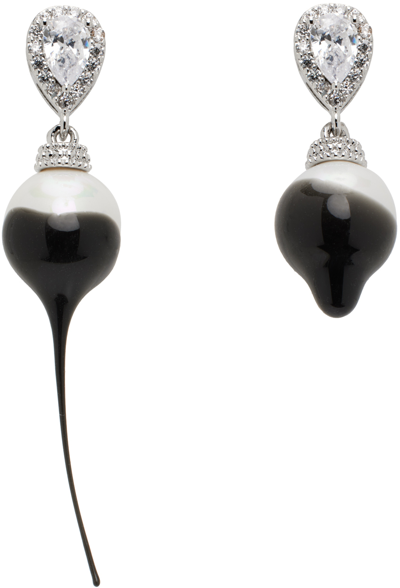 Shop Ottolinger Silver & Black Pearl Drop Earrrings In Black Black
