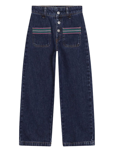 Shop Sonia Rykiel Enfant Stripe-embroidered Wide-leg Jeans In Blue