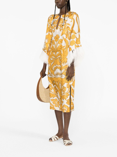 Shop La Doublej Graphic-print Feather-trim Dress In Gold
