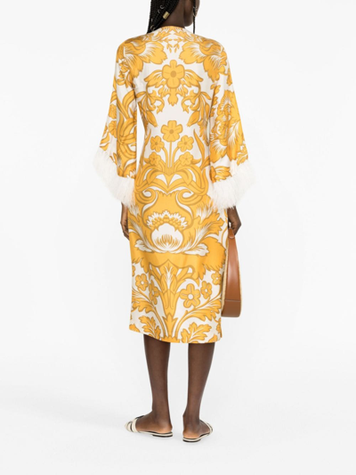 Shop La Doublej Graphic-print Feather-trim Dress In Gold