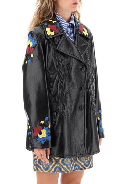 Shop Etro Jacket In Patent Faux Leather With Floral Embroideries In Black