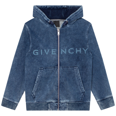 Shop Givenchy Boys Denim Blue Logo-print Zipped Hoodie