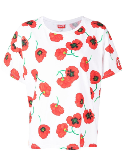 Shop Kenzo Ladies White Poppy All-over Logo T-shirt