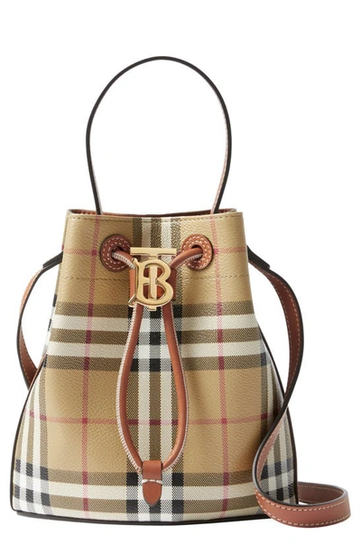 Shop Burberry Mini Tb Coated Canvas Bucket Bag In Vintage Chk/ Briar Brown