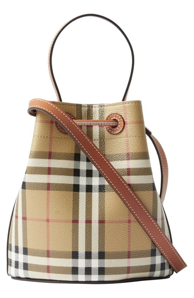 Shop Burberry Mini Tb Coated Canvas Bucket Bag In Vintage Chk/ Briar Brown