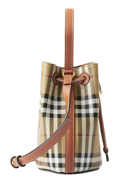 Shop Burberry Mini Tb Coated Canvas Bucket Bag In Vintage Chk/ Briar Brown