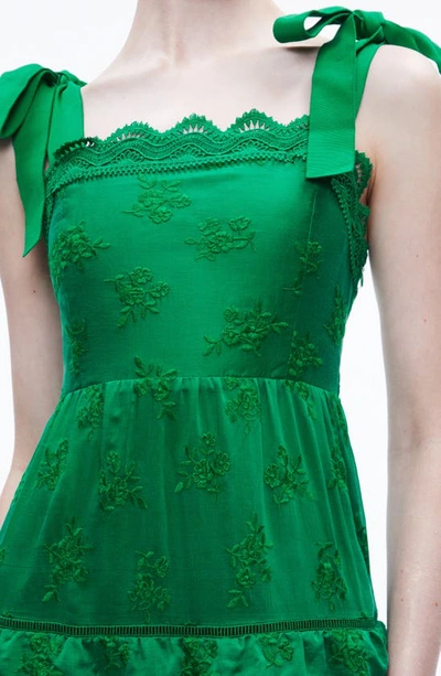 Shop Alice And Olivia Vega Floral Embroidered Tiered A-line Dress In Emerald