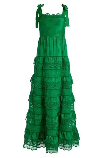Shop Alice And Olivia Vega Floral Embroidered Tiered A-line Dress In Emerald