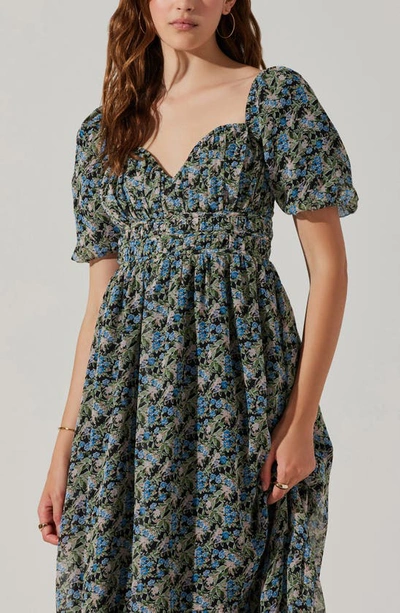 Shop Astr Floral Sweetheart Neck Dress In Blue Multi Floral