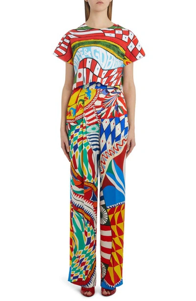 Dolce & Gabbana Mixed Print Crop Cotton Graphic T-shirt In Red Multicolor