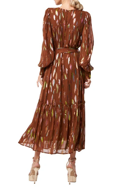 Shop Ciebon Eryn Metallic Print Tie Waist Long Sleeve Maxi Dress In Brown