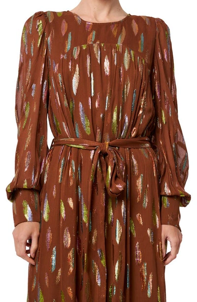 Shop Ciebon Eryn Metallic Print Tie Waist Long Sleeve Maxi Dress In Brown