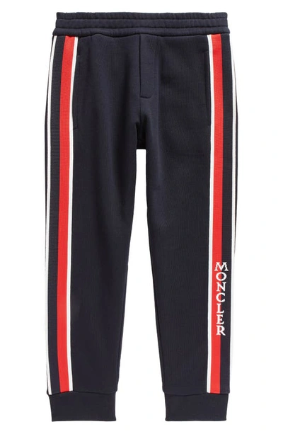 Shop Moncler Kids' Logo Stripe Cotton Sweatpants In Navy