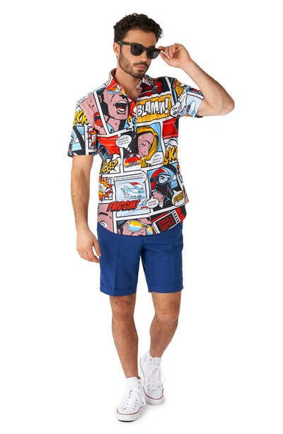 Shop Opposuits Danger Days Stretch Short Sleeve Button-up Shirt In Red/ Blue Multi