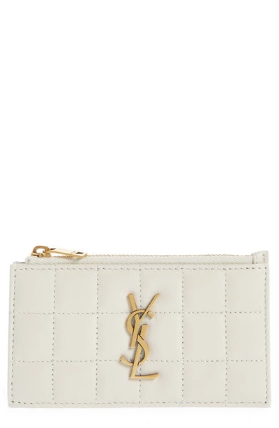 Shop Saint Laurent Gaby Quilted Zip Leather Card Case In Blanc Vintage