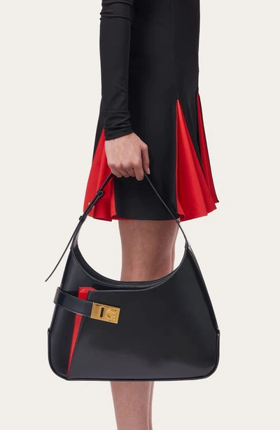 Shop Ferragamo Large Archive Shoulder Bag In Nero/ Flame Red