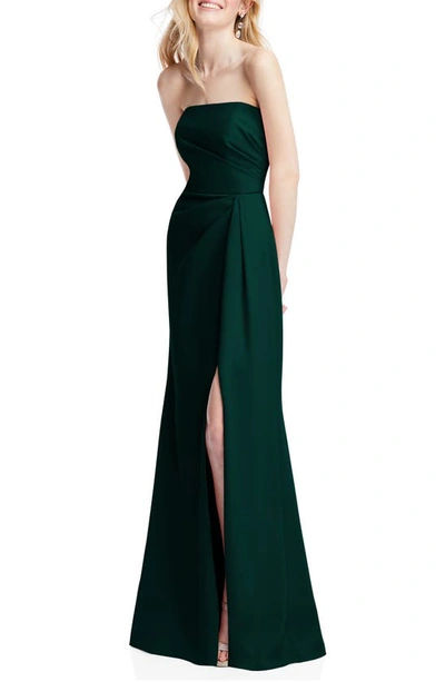 After Six Strapless Pleated Faux Wrap Trumpet Gown With Front Slit In Evergreen