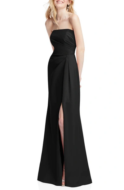 After Six Strapless Pleated Faux Wrap Trumpet Gown With Front Slit In Black