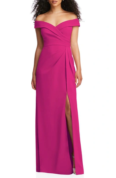 After Six Cuffed Off-the-shoulder Pleated Faux Wrap Maxi Dress In Think Pink