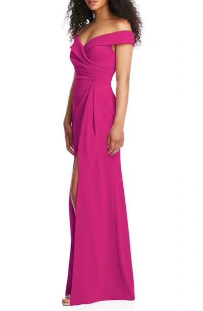 After Six Cuffed Off-the-shoulder Pleated Faux Wrap Maxi Dress In Think Pink