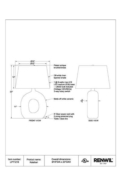 Renwil Kalahari Ceramic Table Lamp In Matte Off-white