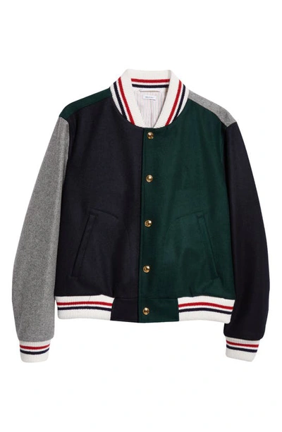 Shop Thom Browne Fun-mix Wool Flannel Varsity Jacket In Dark Green