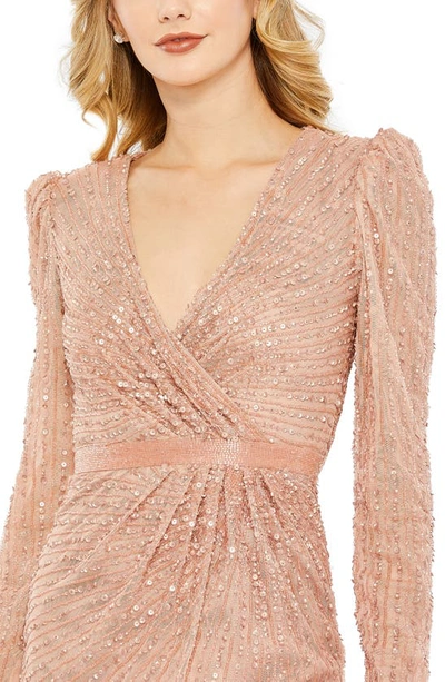 Shop Mac Duggal Sequin Long Sleeve Faux Wrap Gown In Rose