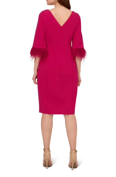 Adrianna Papell Feather Trim Crepe Sheath Dress In Rich Magenta