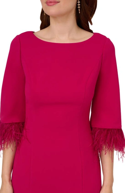 Adrianna Papell Feather Trim Crepe Sheath Dress In Rich Magenta