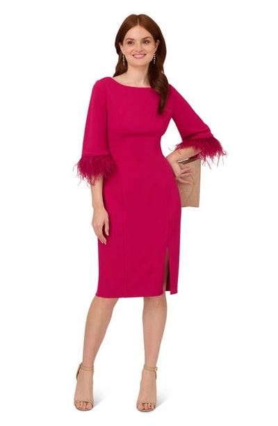 Adrianna Papell Feather Trim Crepe Sheath Dress In Rich Magenta