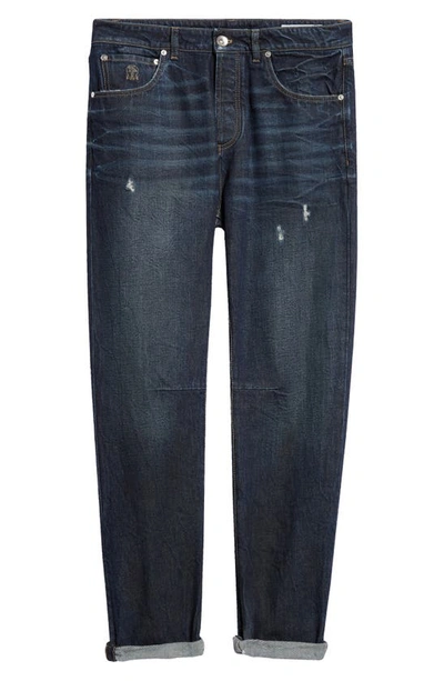 Shop Brunello Cucinelli Leisure Fit Distressed Cuff Hem Rigid Jeans In Dark Wash Denim