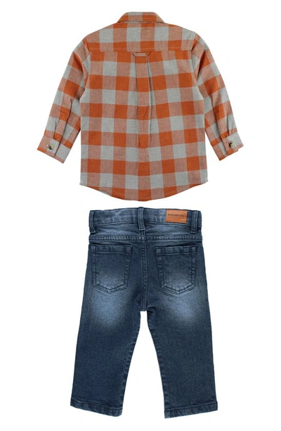Shop Ruggedbutts Kids' Hadlee Plaid Button-up Shirt & Jeans Set In Orange