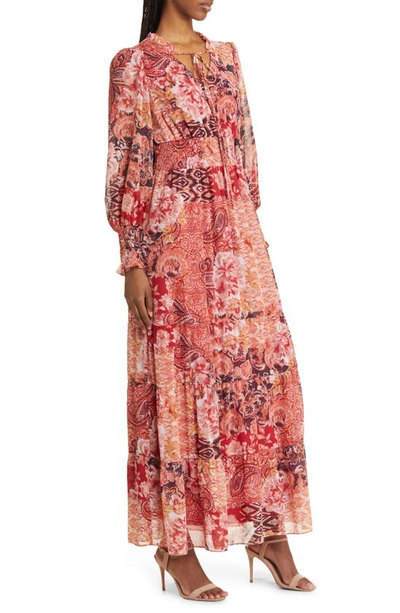 Shop Julia Jordan Floral Smocked Waist Long Sleeve Maxi Dress In Coral Multi