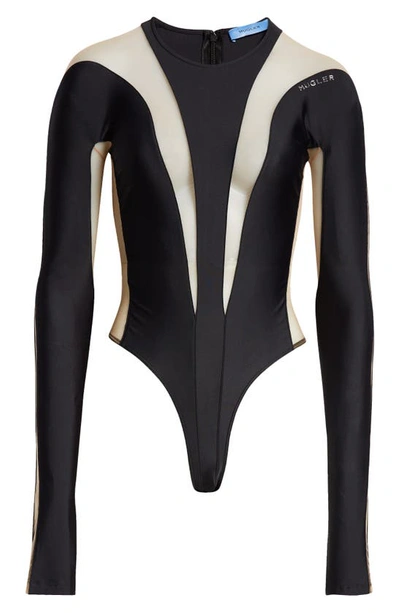 Shop Mugler Illusion Inset Long Sleeve Bodysuit In Black Nude 01
