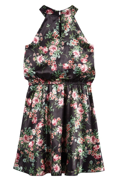 Shop Ava & Yelly Kids' Floral Mock Neck Satin Dress In Multi Black