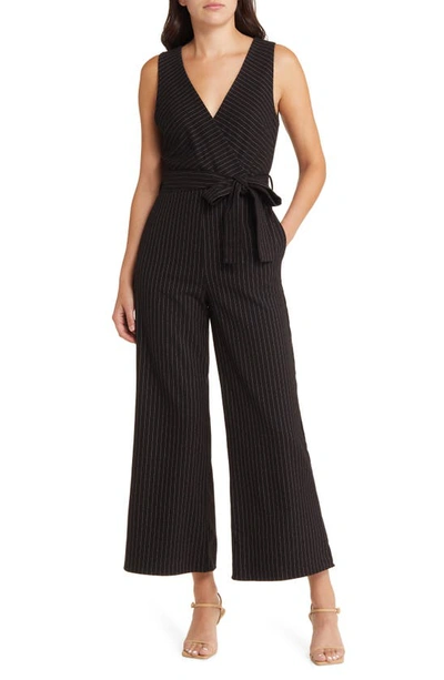 Shop Chelsea28 Pintstripe Faux Wrap Jumpsuit In Black Pinstripe