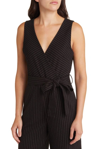 Shop Chelsea28 Pintstripe Faux Wrap Jumpsuit In Black Pinstripe