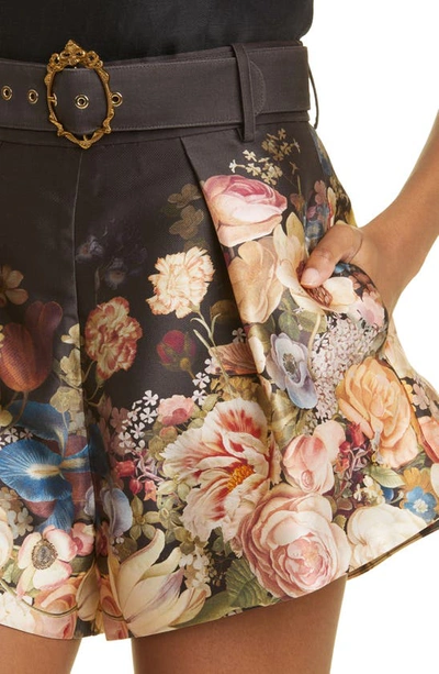 Shop Zimmermann Tuck Floral Print Belted Silk & Cotton Shorts In Morisot Black Print