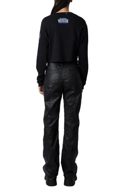 Shop Zadig & Voltaire Iona Embellished Long Sleeve Cotton Crop T-shirt In Noir