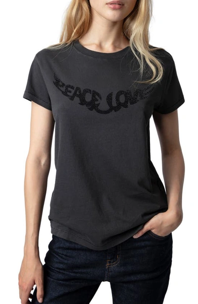 Shop Zadig & Voltaire Walk Peace & Love Strass Embellished Cotton T-shirt In Carbone