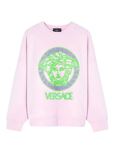 Shop Versace Sweatshirt Sweatshirt Fabric Series Neon Effect Logo Print In Baby Pink Neon Green Neon Lavander