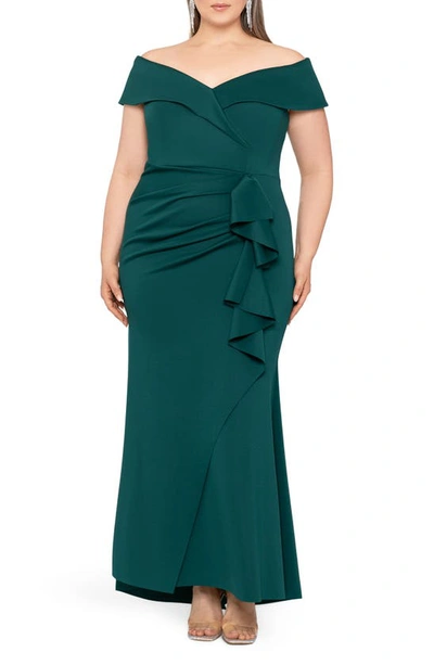 Xscape Off The Shoulder Long Scuba Crepe Dress In Hunter