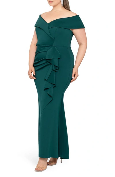 Xscape Off The Shoulder Long Scuba Crepe Dress In Hunter