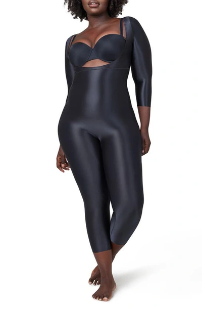 Shop Spanx Suit Your Fancy Three Quarter Sleeve Open Bust Catsuit In Very Black