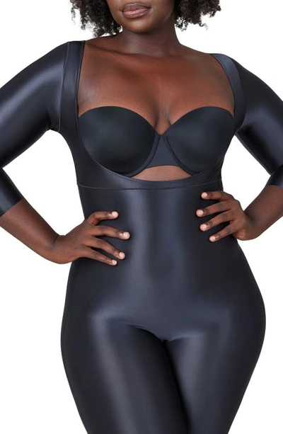 Shop Spanx Suit Your Fancy Three Quarter Sleeve Open Bust Catsuit In Very Black