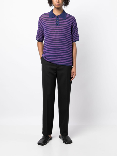 Shop Bode Striped Open-knit Polo Shirt In Purple