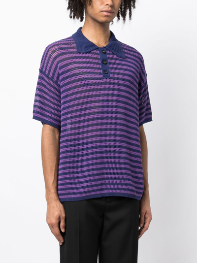 Shop Bode Striped Open-knit Polo Shirt In Purple